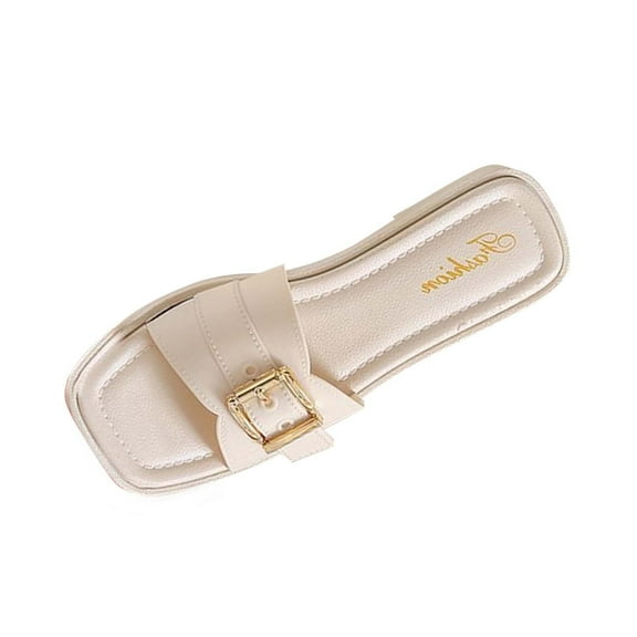 Xfvqtps Slide Sandals for Women Flat Sole Open Square Toe Buckle Decor Soft Sole Non Slip Summer Beach Sandals White