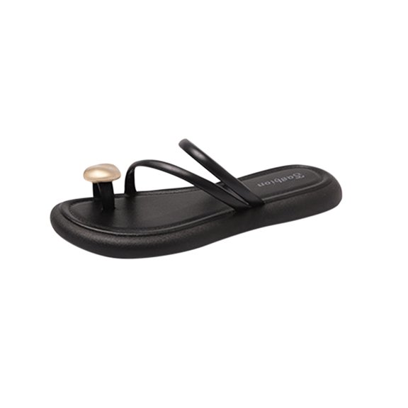 Xfvqtps Slide Sandals for Women Flat Sole Toe Ring Shell Decor Strappy Beach Summer Slippers Black