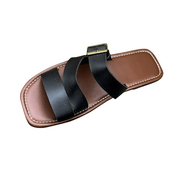 Xfvqtps Slide Sandals for Women Flat Three Straps Open Square Toe Buckle Decor Leather Non Slip Beach Summer Sandals Black