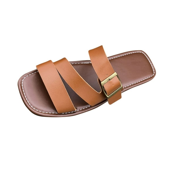Xfvqtps Slide Sandals for Women Flat Three Straps Open Square Toe Buckle Decor Leather Non Slip Beach Summer Sandals Brown