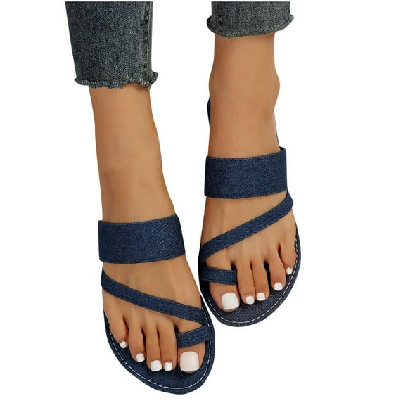 Xfvqtps Slide Sandals for Women Flat Toe Ring Flax Breathable Non Slip Outdoor Summer Sandals Dark Blue