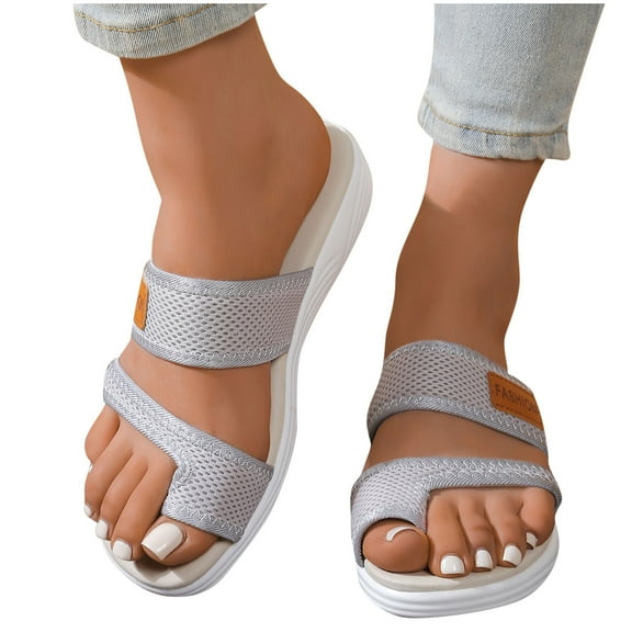 Xfvqtps Slide Sandals for Women Flat Toe Ring Mesh Thick Sole Soft Comfortable Breathable Non Slip Beach Summer Walking Sandals Gray
