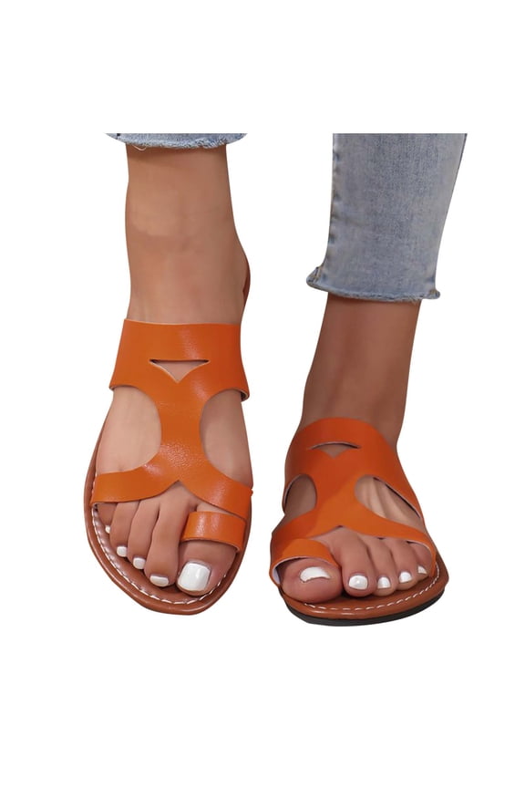 Slide Sandals for Women Flat Toe Ring Side Cutout Leather Non Slip Comfortable Breathable Beach Summer Slippers Red