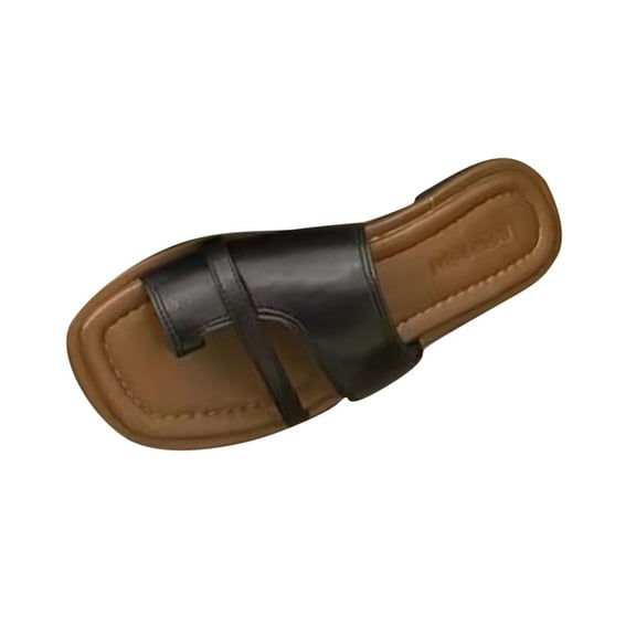 Xfvqtps Slide Sandals for Women Flat Toe Ring Square Toe Soft Sole Non Slip Beach Summer Leather Sandals Black
