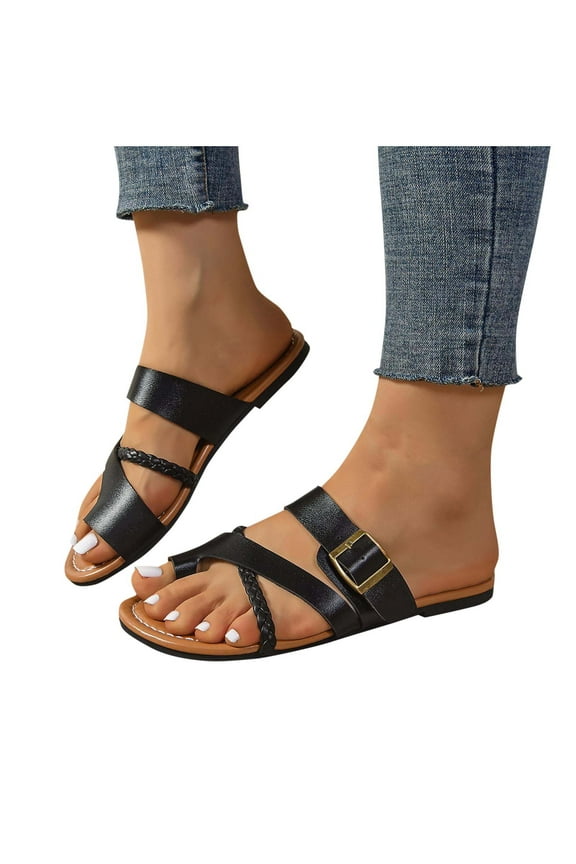 Slide Sandals for Women Flat Toe Ring Weaving Straps Buckle Decor Non Slip Comfortable Breathable Beach Summer Sandals Black
