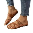 thumbnail image 1 of Xfvqtps Slide Sandals for Women Flat Toe Ring Weaving Straps Buckle Decor Non Slip Comfortable Breathable Beach Summer Sandals Brown, 1 of 9