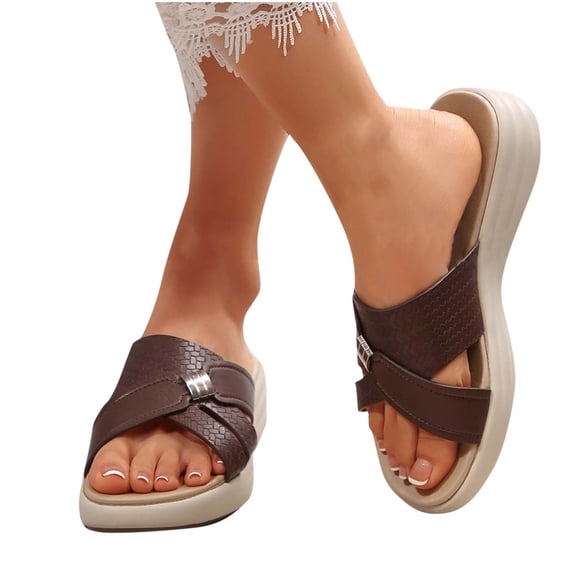 Xfvqtps Slide Sandals for Women Micro-Wedge Open Toe Leather Soft Sole Non Slip Comfortable Breathable Walking Beach Summer Slippers Brown