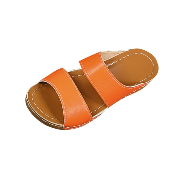 Xfvqtps Slide Sandals for Women Wedge Double Straps Solid Color Simplicity Open Toe Leather Beach Summer Orthopedic Sandals Orange