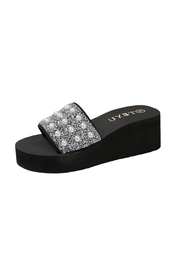 Slide Sandals for Women Wedge Heel Sparkling Rhinestone Pearl Embellished Spring Summer Casual Comfortable Outdoor Party Shoes