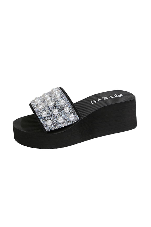 Slide Sandals for Women Wedge Heel Sparkling Rhinestone Pearl Embellished Spring Summer Casual Comfortable Outdoor Party Shoes