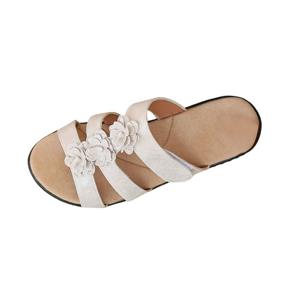Xfvqtps Slide Sandals for Women Wedge Sandals Open Toe Three Straps Hook and Loop Strap Flower Decor Summer Walking Sandals Beige