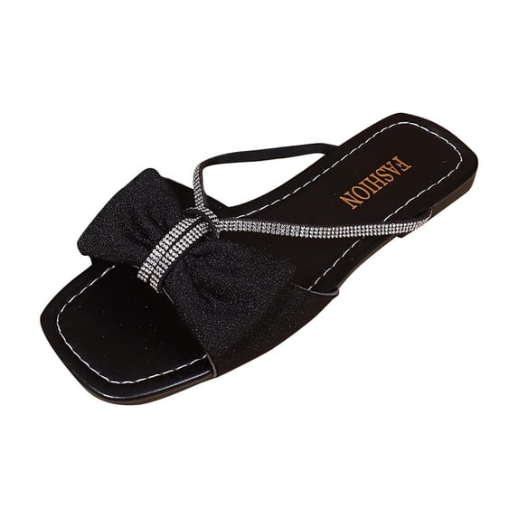 Xfvqtps Slide for Womens Flat Open Square Toe Rhinestone Strappy Bow Non Slip Beach Summer Sandals Black