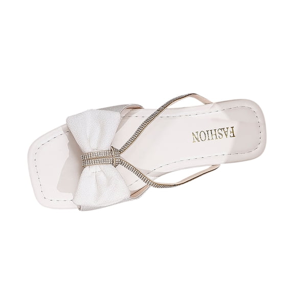 Xfvqtps Slide for Womens Flat Open Square Toe Rhinestone Strappy Bow Non Slip Beach Summer Sandals White