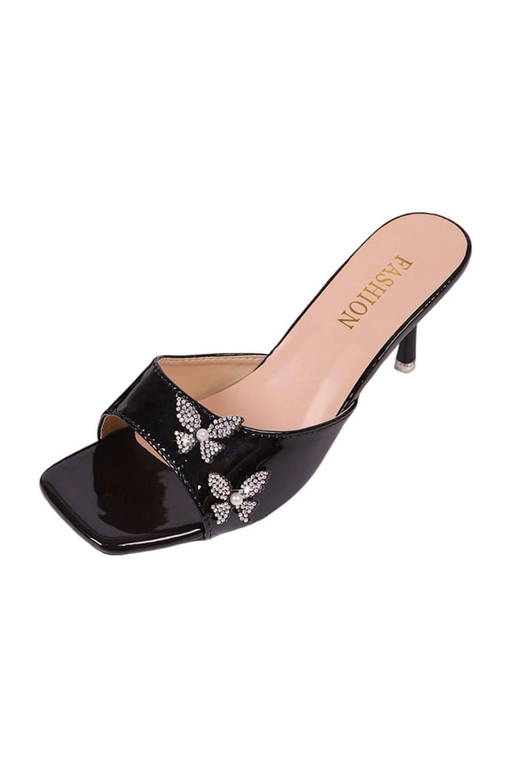 Slides for Women Rhinestone Embellished Mules Patent Leather Open Toe Shoes Chunky Heel Dressy Sandals Fall Winter Party Going Out Comfortable Footwear