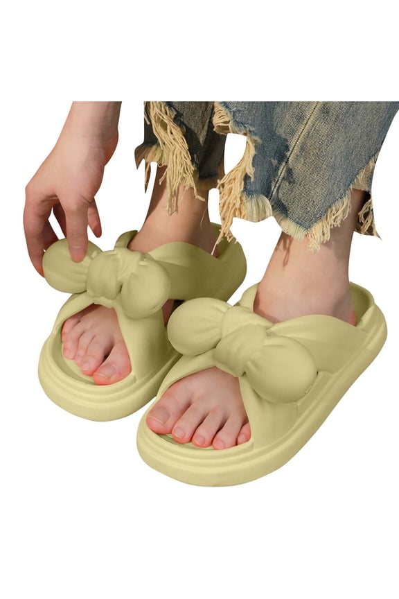 Slides for Women Flat Cross Straps Bow Thick Sole Non Slip Comfortable Beach Summer PVC Sandals Green