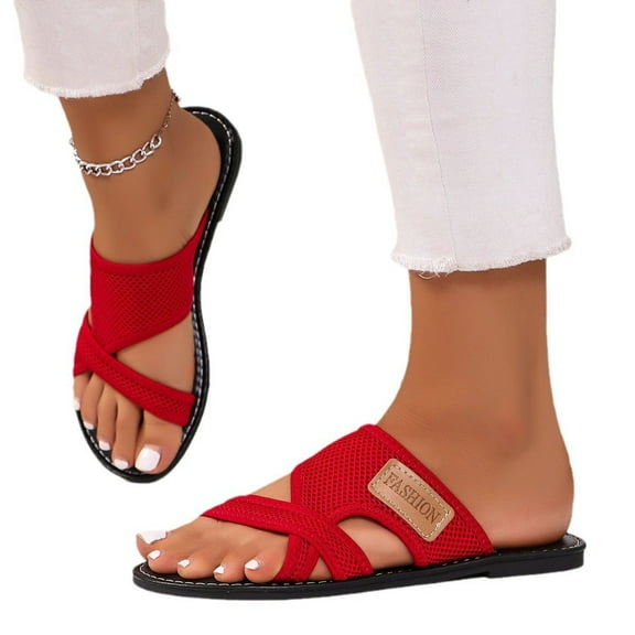 Xfvqtps Slides for Women Flat Mesh Cross Straps Open Toe Hollow out Breathable Beach Summer Slide Sandals Red