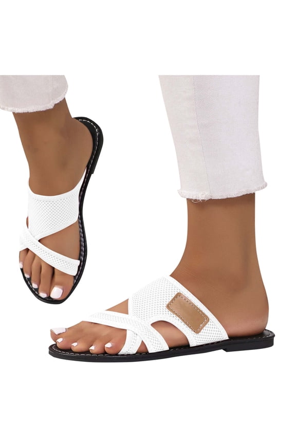 Slides for Women Flat Mesh Cross Straps Open Toe Hollow out Breathable Beach Summer Slide Sandals White