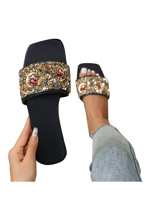 Slides for Women Flat Rhinestone Sequin Open Square Toe Comfortable Non Slip Beach Summer Slide Sandals Black
