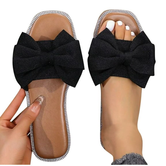 Xfvqtps Slides for Women Flat Sole Bow Rhinestone Edge Open Square Toe Non Slip Beach Summer Slippers Black