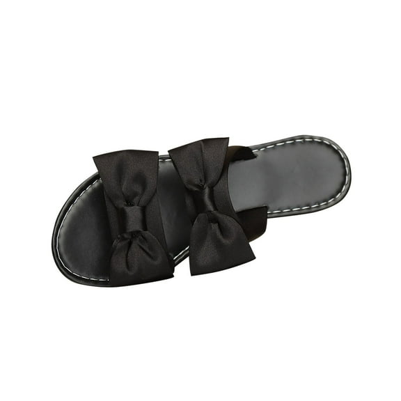 Xfvqtps Slides for Women Flat Sole Double Straps Bow Decor Open Toe Beach Summer Slippers Black