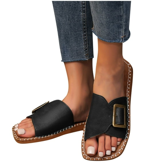 Xfvqtps Slides for Women Flat Sole Open Square Toe Buckle Splicing Non Slip Beach Summer Slippers Black