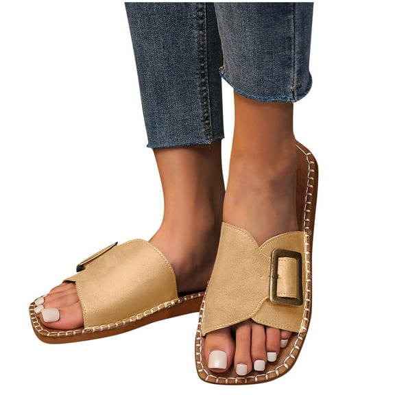 Xfvqtps Slides for Women Flat Sole Open Square Toe Buckle Splicing Non Slip Beach Summer Slippers Khaki