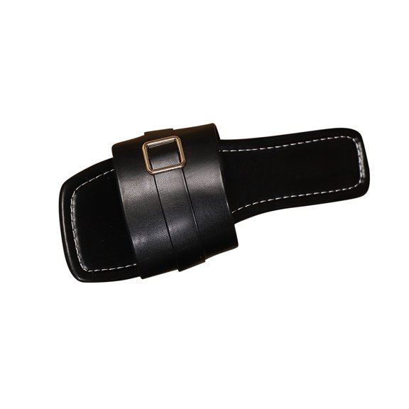 Xfvqtps Slides for Women Flat Sole Open Square Toe Matel Buckle Decor Non Slip Summer Leather Sandals Black