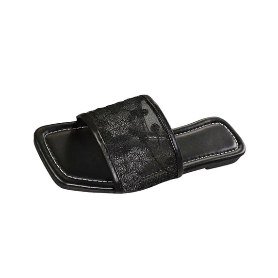 Xfvqtps Slides for Women Flat Sole Open Square Toe Mesh Hollow out Flower Embroidery Non Slip Summer Leather Sandals Black