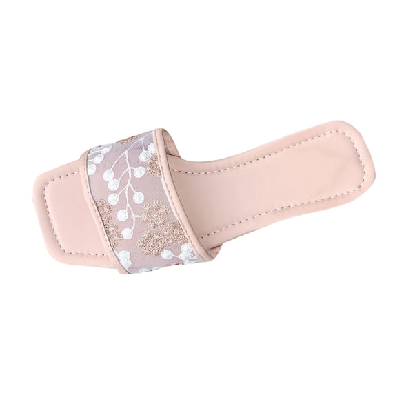Xfvqtps Slides for Women Flat Sole Open Square Toe Mesh Hollow out Flower Embroidery Non Slip Summer Leather Sandals Pink