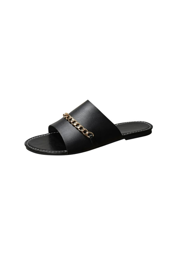 Slides for Women Flat Sole Open Toe Metal Chain Decor Non Slip Summer Leather Sandals Black