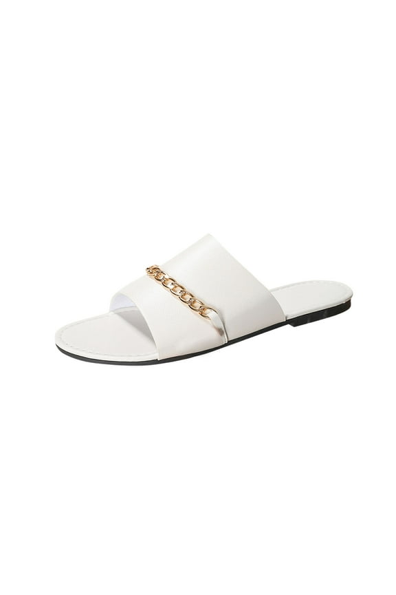 Slides for Women Flat Sole Open Toe Metal Chain Decor Non Slip Summer Leather Sandals White