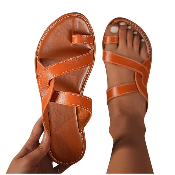 Xfvqtps Slides for Women Flat Sole Toe Ring Cross Straps Solid Color Non Slip Beach Summer Leather Sandals Brown