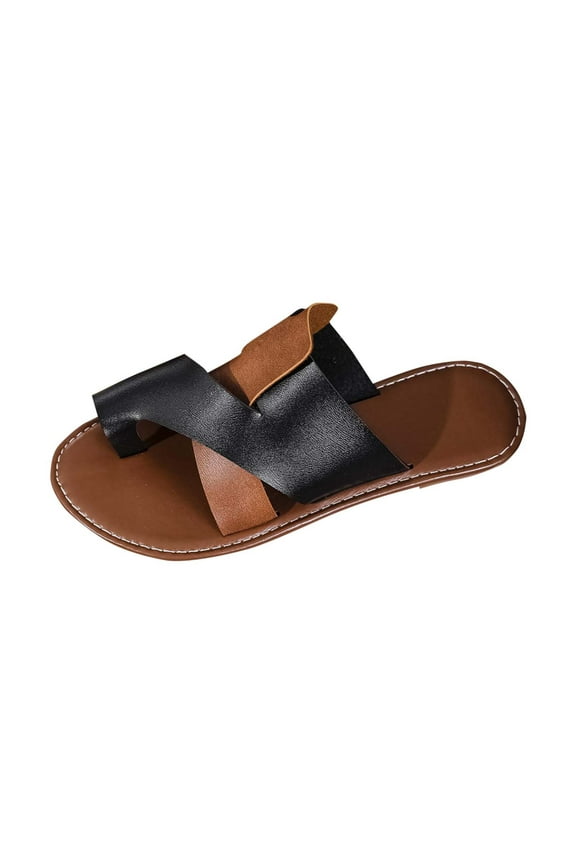 Slides for Women Flat Toe Ring Color Block Cross Straps Non Slip Beach Summer Sandals Brown