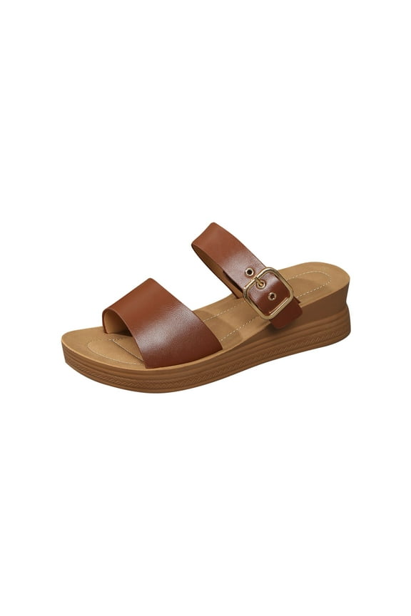 Slides for Women Wedge Flatform Open Toe Double Straps Buckle Decor Soft Sole Non Slip Comfortable Summer Sandals Brown