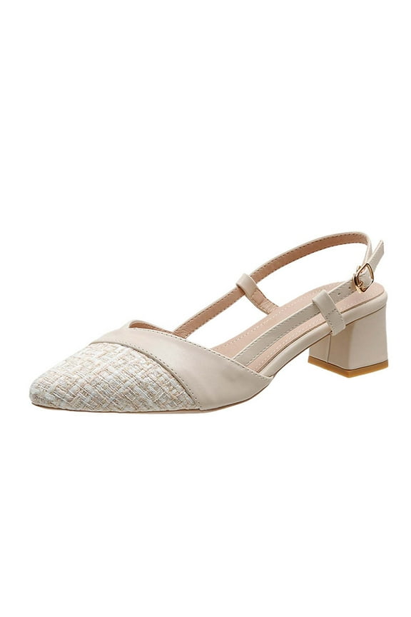 Slingback Heels for Women Pointy Toe Chunky Block Mid Heels Split Joint Adjustable Buckle Strap Dressy Summer Heels Beige