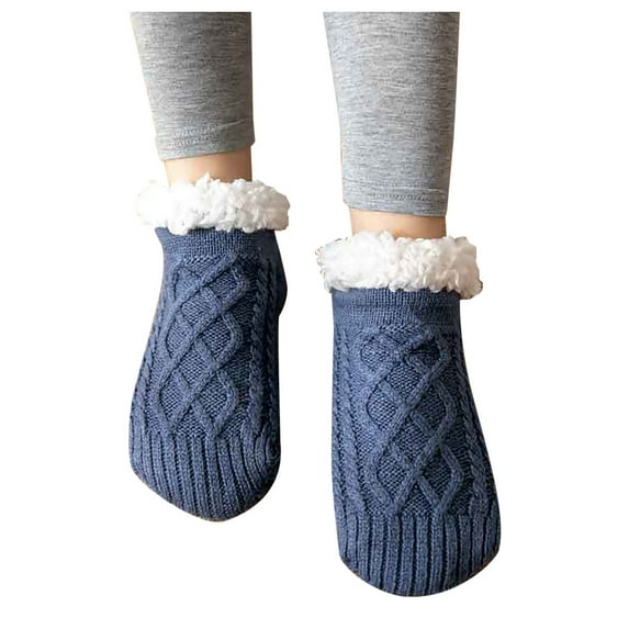 Xfvqtps Slipper Socks for Women Solid Color Knitted Low Warm Cozy Fuzzy Socks Non Slip Socks Indoor Winter Thermal Fluffy Socks Blue