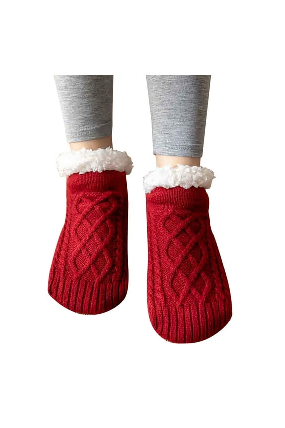 Slipper Socks for Women Solid Color Knitted Low Warm Cozy Fuzzy Socks Non Slip Socks Indoor Winter Thermal Fluffy Socks Wine