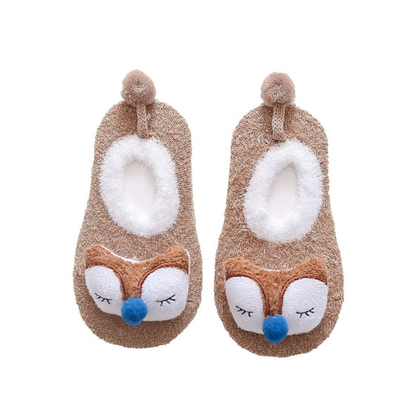 Xfvqtps Slipper Socks with Grips for Kids Toddler Cute Cartoon Animal Design Furry Non Slip Warm Indoor Floor Socks for 0-5 Years Khaki