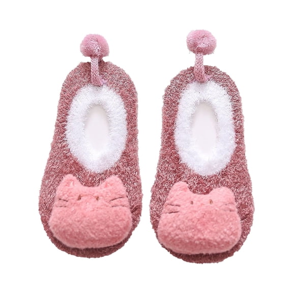 Xfvqtps Slipper Socks with Grips for Kids Toddler Cute Cartoon Animal Design Furry Non Slip Warm Indoor Floor Socks for 0-5 Years Pink