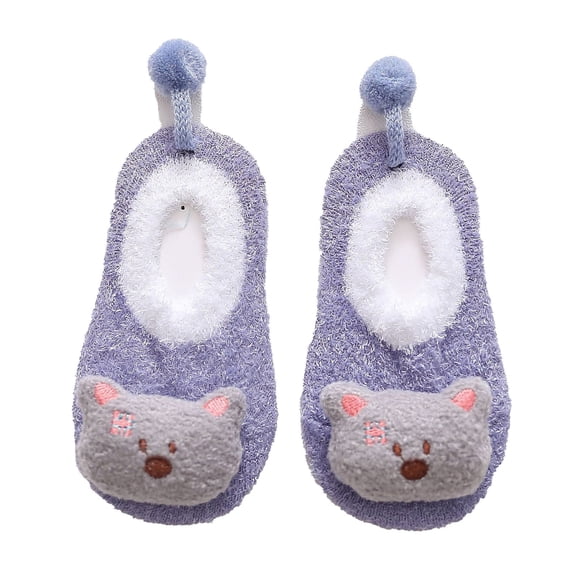 Xfvqtps Slipper Socks with Grips for Kids Toddler Cute Cartoon Animal Design Furry Non Slip Warm Indoor Floor Socks for 0-5 Years Purple