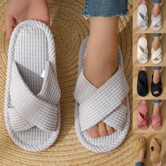 Xfvqtps Slippers for Women House Bedroom Corduroy Cross Straps Open Toe Slide Comfy Indoor Slipper for Fall Winte Gray