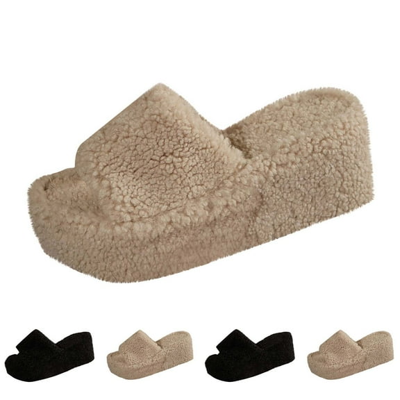 Xfvqtps Wedge Sandals for Women Fuzzy Open Toe Thick Sole Solid Color Casual Slide Sandals Khaki