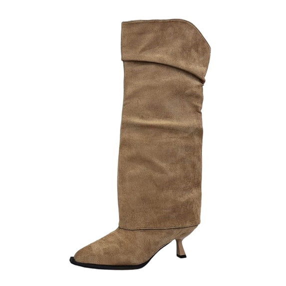 Xfvqtps Slouchy Knee High Boots for Women Fold over Low Kitten Heel Pointed Toe Buckle Strap Suede Tall Boots