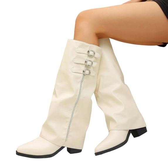 Xfvqtps Slouchy Knee High Boots for Women Fold over Mid Heel Pointed Toe Buckle Strap Faux Leather Tall Boots