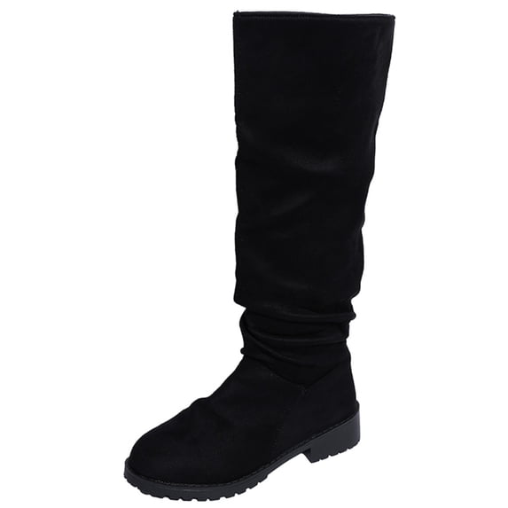 Xfvqtps Slouchy Knee High Boots for Women Pull on Round Toe Block Low Heel Suede Tall Boots