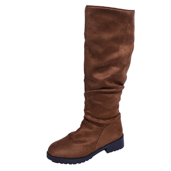 Xfvqtps Slouchy Knee High Boots for Women Pull on Round Toe Block Low Heel Suede Tall Boots