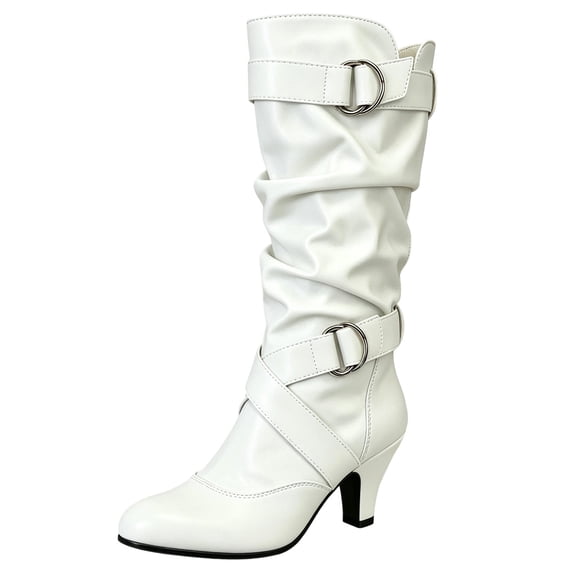 Xfvqtps Slouchy Mid Calf Boots for Women Side Zipper Buckle Strap Chunky Low Heel Almond Toe Faux Leather Tall Boots