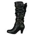 thumbnail image 1 of Xfvqtps Slouchy Mid Calf Boots for Women Side Zipper Buckle Strap Chunky Low Heel Almond Toe Faux Leather Tall Boots, 1 of 6