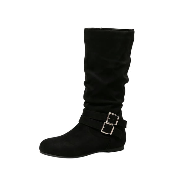 Xfvqtps Slouchy Mid Calf Boots for Women Side Zipper Double Buckle Strap Flat Sole Suede Tall Boots