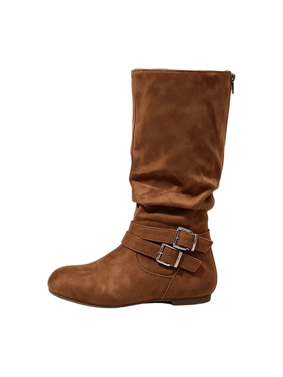 Slouchy Mid Calf Boots for Women Side Zipper Double Buckle Strap Flat Sole Suede Tall Boots